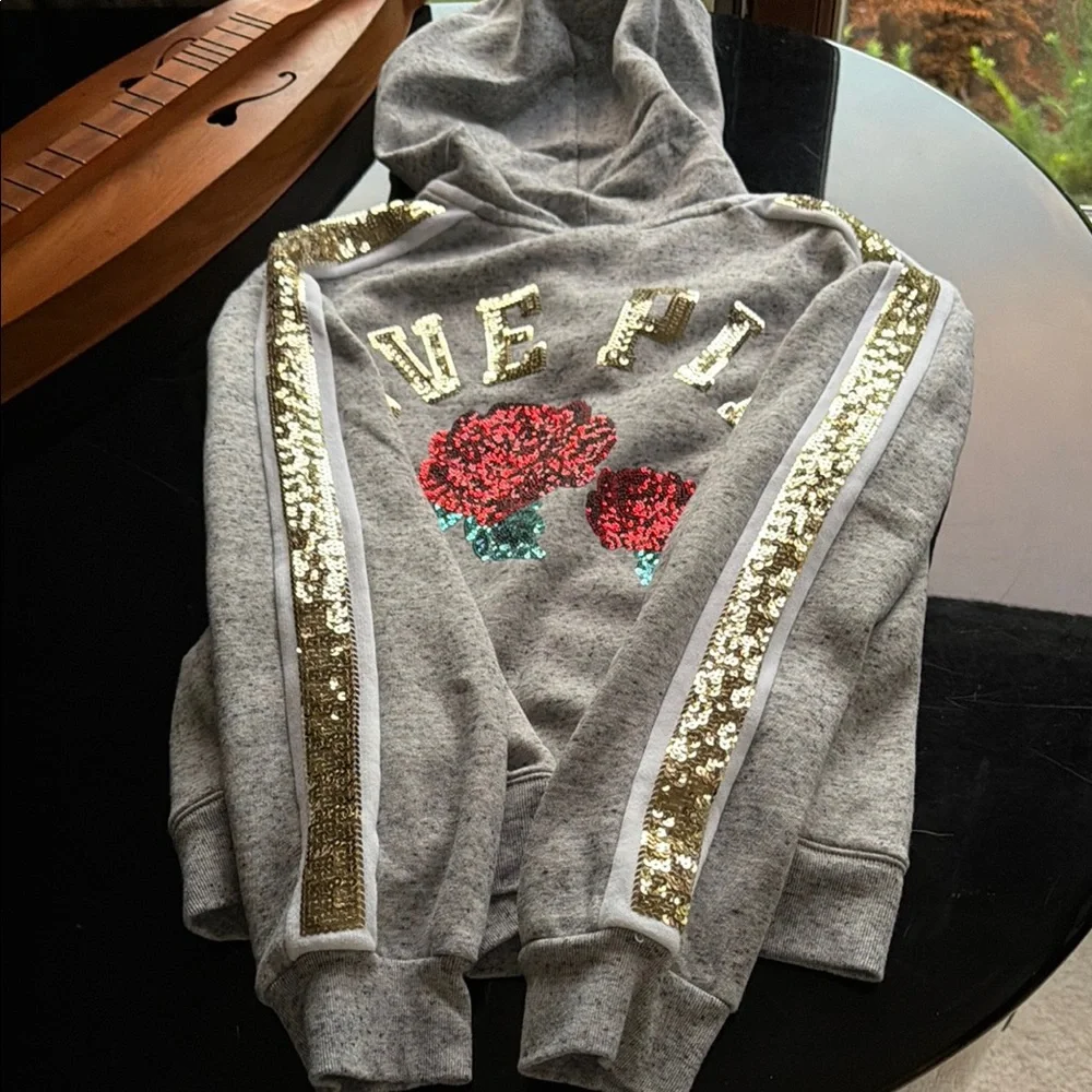 PINK Gold & Roses Sequin Heather Gray Hoodie with Gold Sequin Stripe - Picture 1 of 10